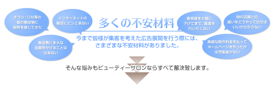 あらゆる悩みをビューティーサロンなら全て解決いたします。